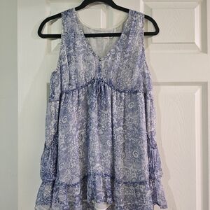 100% Silk Blue and White Floral Sleeveless Blouse